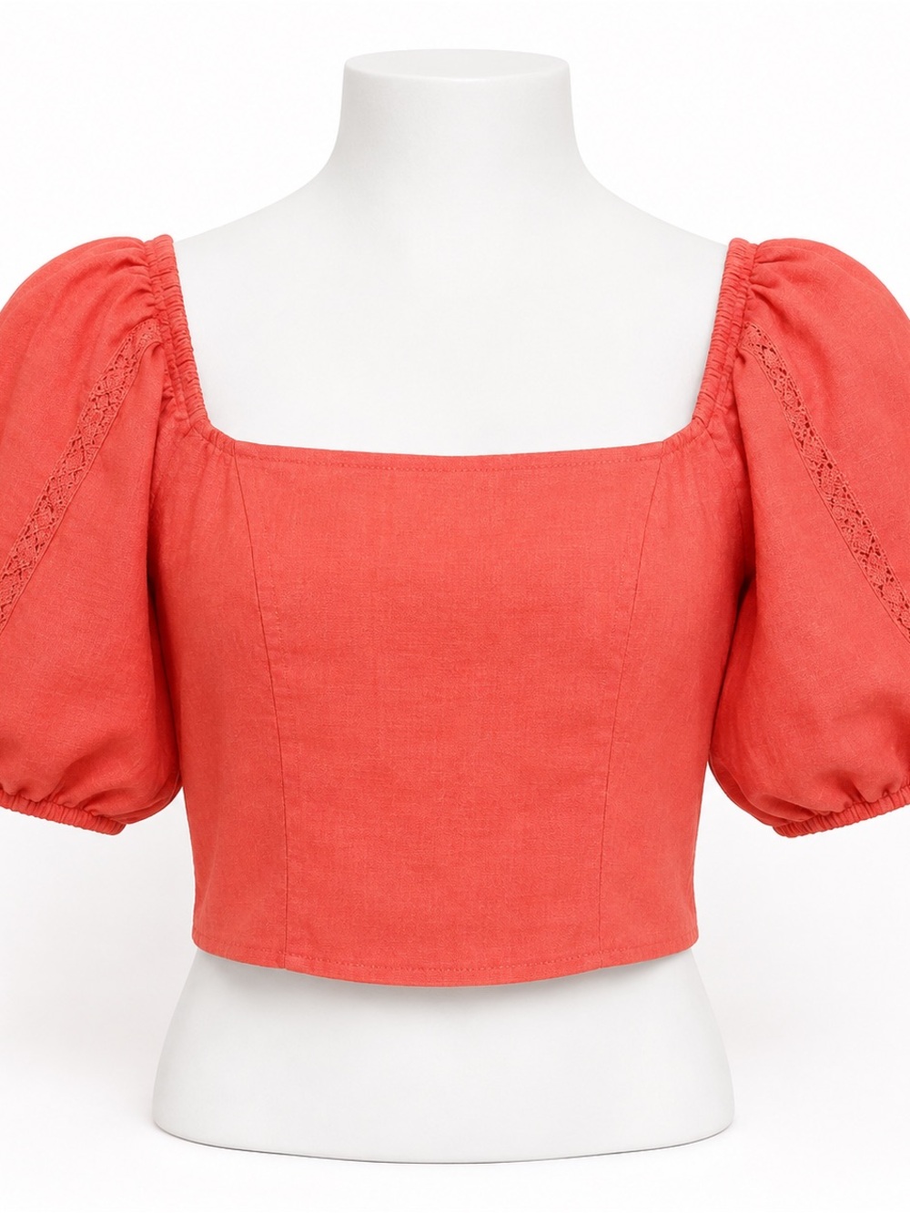 Versona Coral Square-Neck Puff Sleeve Crop Top
